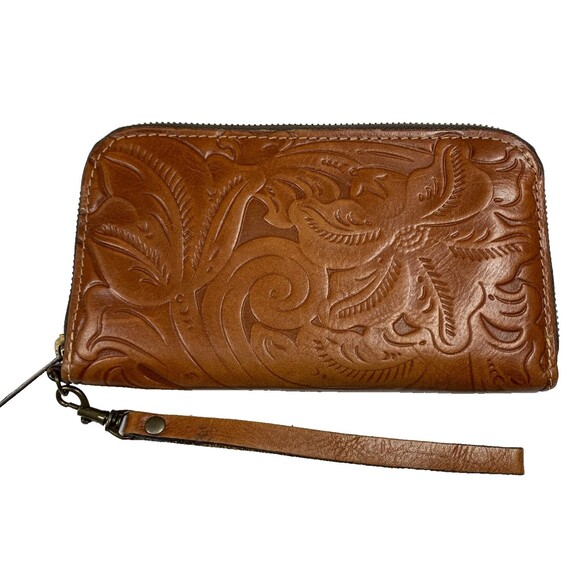 Patricia Nash Brown Tooled Italian Leather Floral  Zip Around Wristlet 8” Wallet - Picture 1 of 7